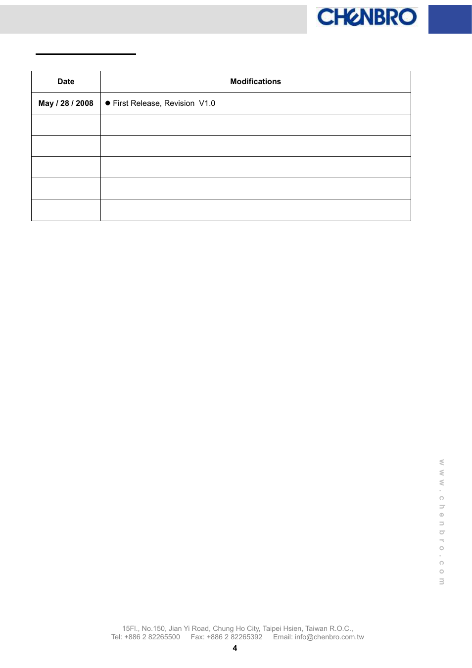 Revision history | Chenbro RM31616 LED Board(80H033216-004), Features and Jumper Settings - Manual User Manual | Page 4 / 8