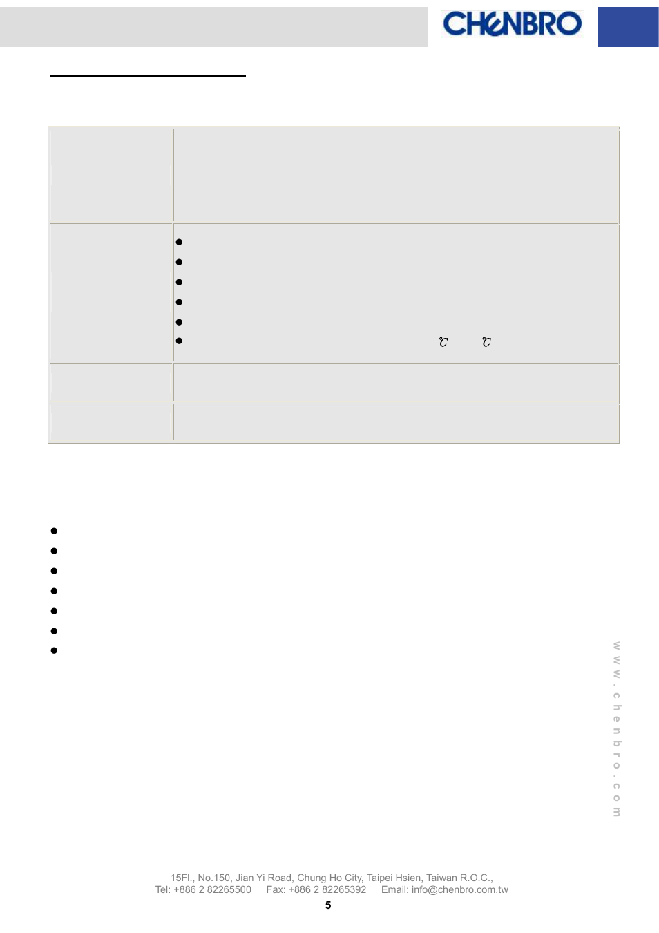 Hardware specification, Specification, Accommodation chassis | Chenbro RM31616 LED Board(80H033216-004), Features and Jumper Settings - Manual User Manual | Page 5 / 8