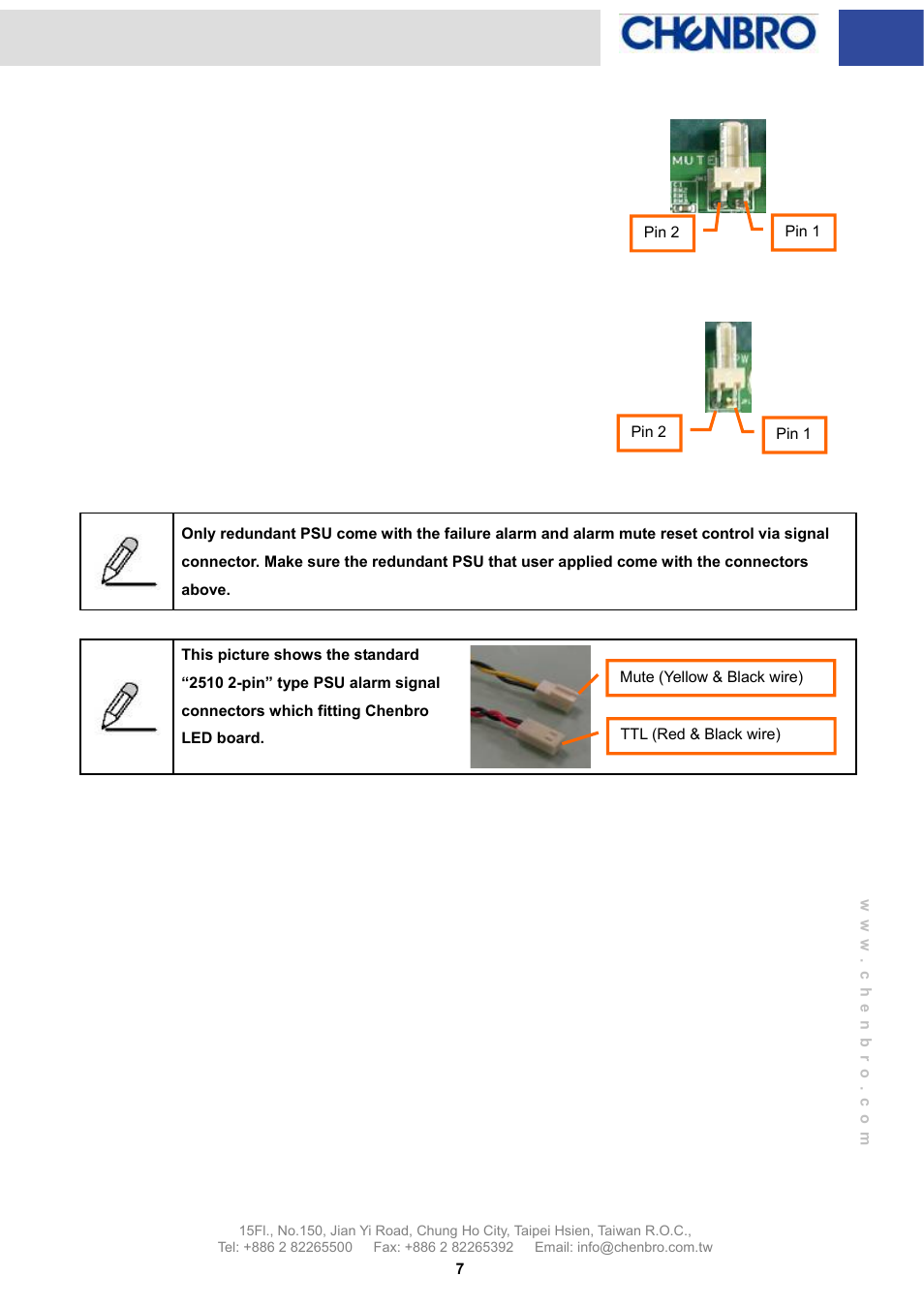 Power supply alarm mute connector definition, Power supply alarm signal connector definition | Chenbro RM31616 LED Board(80H033216-004), Features and Jumper Settings - Manual User Manual | Page 7 / 8