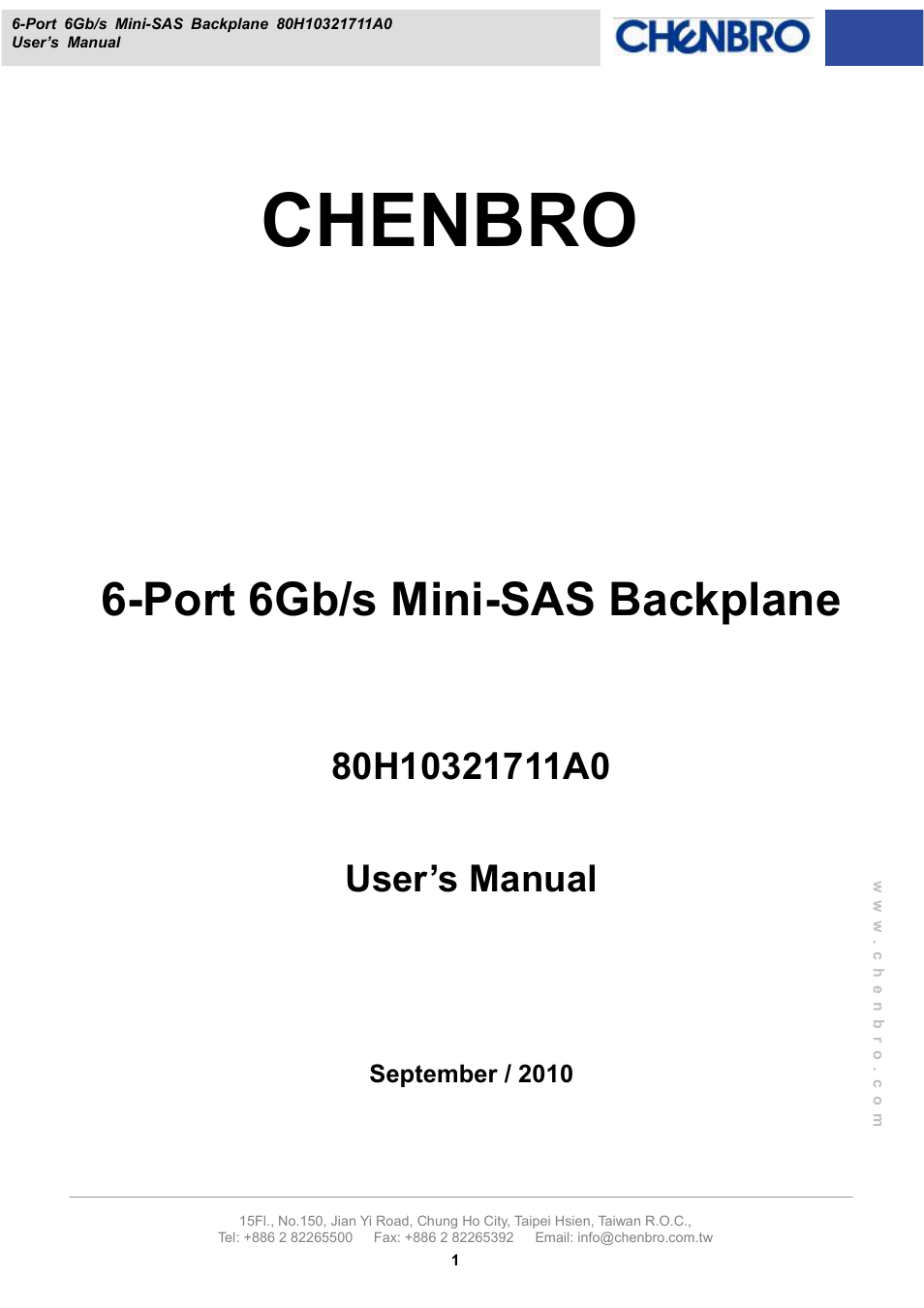 Chenbro RM21706 6Gb/s 6-port 3.5 mini-SAS Backplane(80H10321711A0), Rev.A0 - Manual User Manual | 12 pages