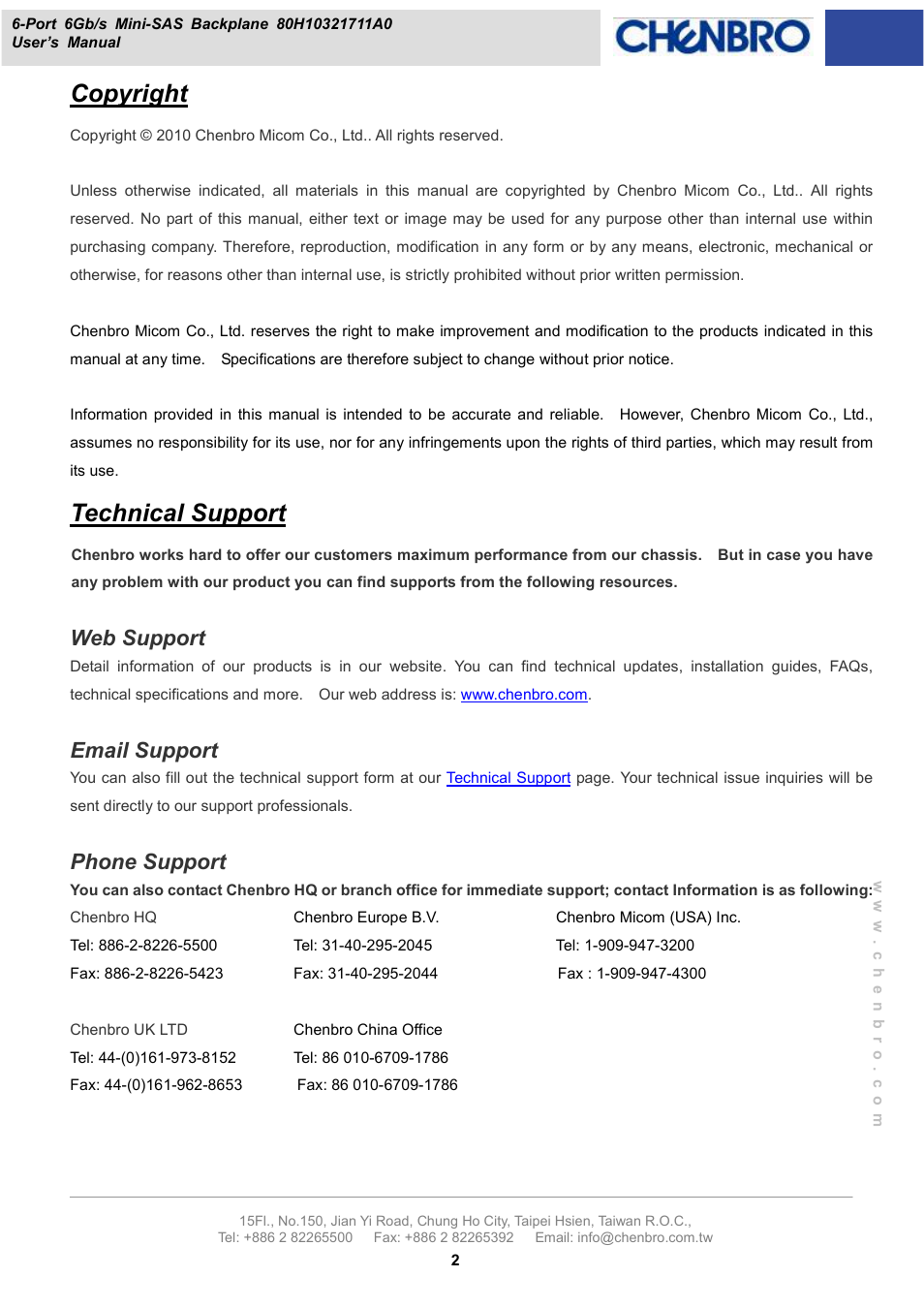 Copyright, Technical support, Web support | Email support, Phone support | Chenbro RM21706 6Gb/s 6-port 3.5 mini-SAS Backplane(80H10321711A0), Rev.A0 - Manual User Manual | Page 2 / 12