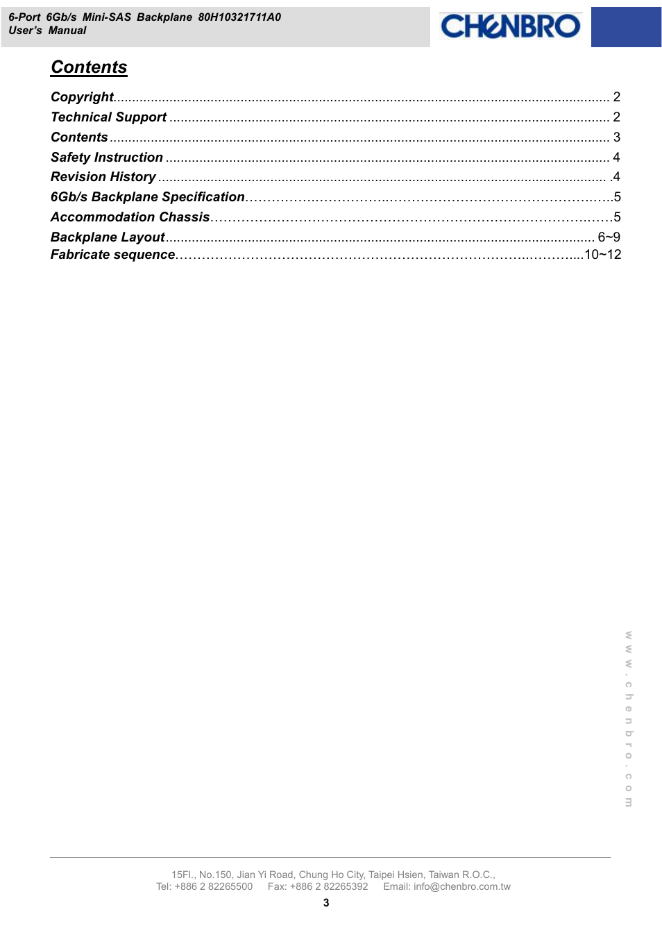 Chenbro RM21706 6Gb/s 6-port 3.5 mini-SAS Backplane(80H10321711A0), Rev.A0 - Manual User Manual | Page 3 / 12