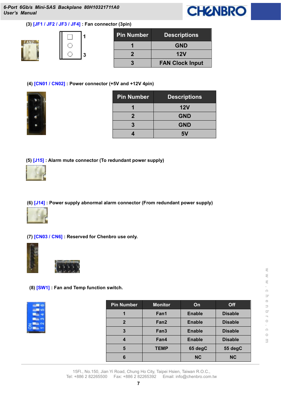 Chenbro RM21706 6Gb/s 6-port 3.5 mini-SAS Backplane(80H10321711A0), Rev.A0 - Manual User Manual | Page 7 / 12