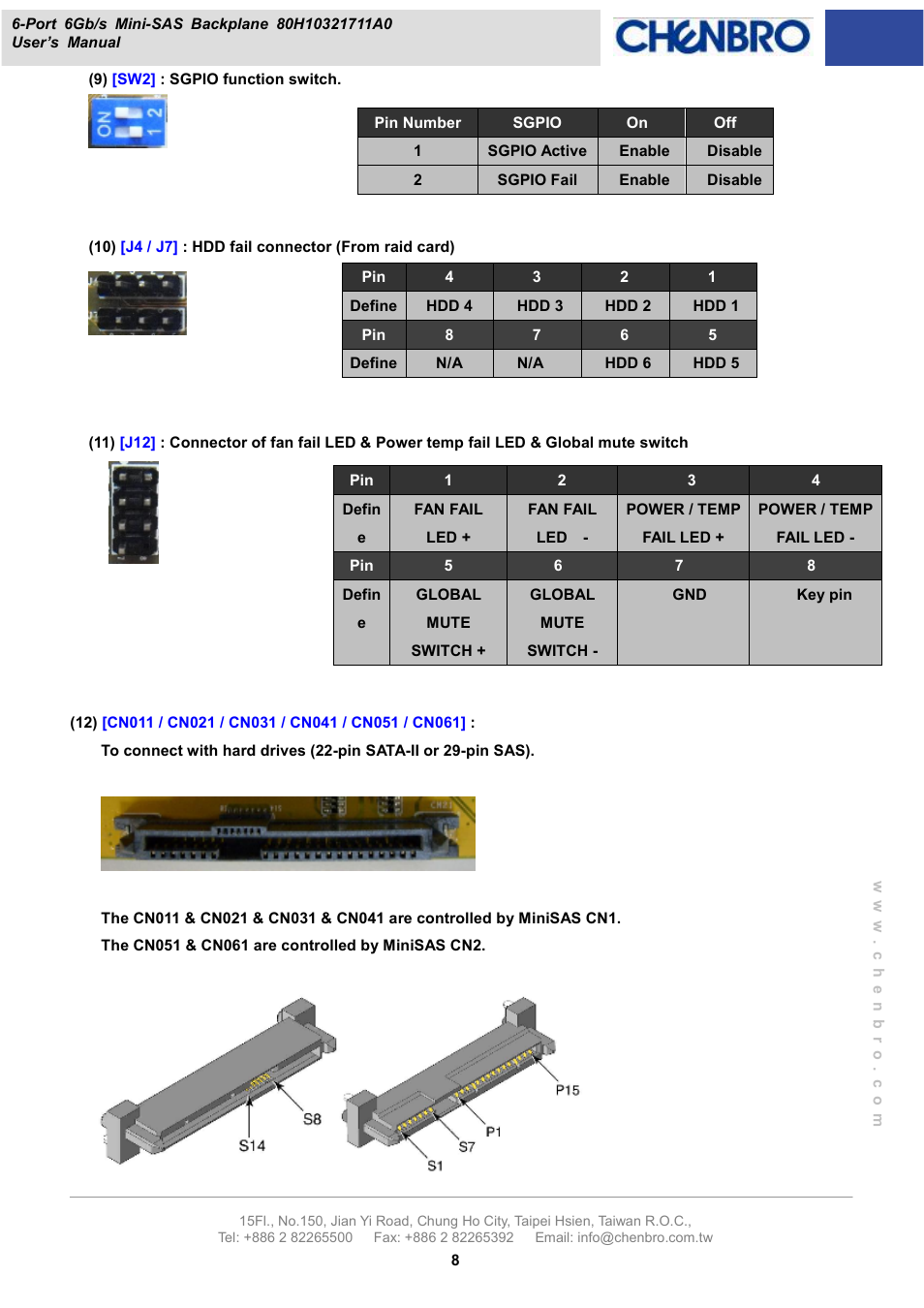 Chenbro RM21706 6Gb/s 6-port 3.5 mini-SAS Backplane(80H10321711A0), Rev.A0 - Manual User Manual | Page 8 / 12