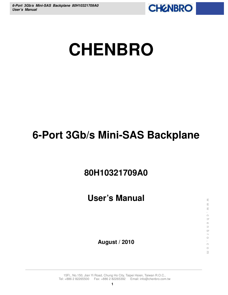 Chenbro RM21706 3Gb/s 6-port 3.5 mini-SAS Backplane(80H10321709A0) - Manual User Manual | 10 pages