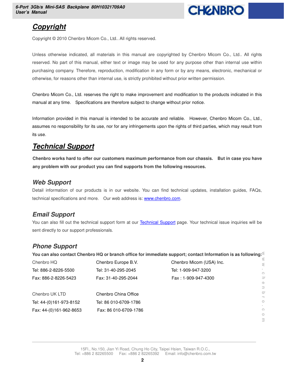 Copyright, Technical support, Web support | Email support, Phone support | Chenbro RM21706 3Gb/s 6-port 3.5 mini-SAS Backplane(80H10321709A0) - Manual User Manual | Page 2 / 10
