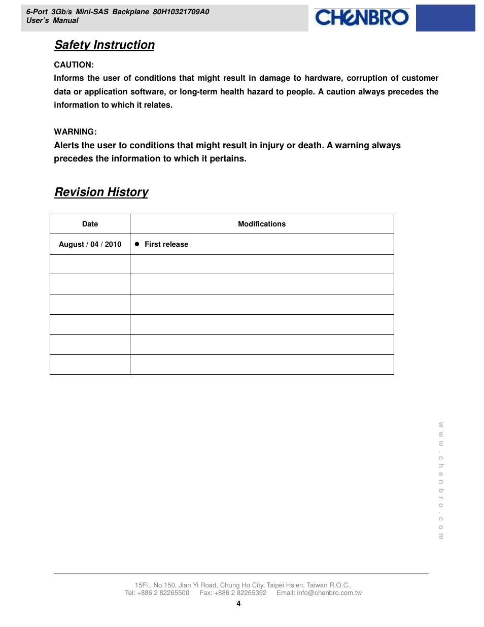 Safety instruction, Revision history | Chenbro RM21706 3Gb/s 6-port 3.5 mini-SAS Backplane(80H10321709A0) - Manual User Manual | Page 4 / 10