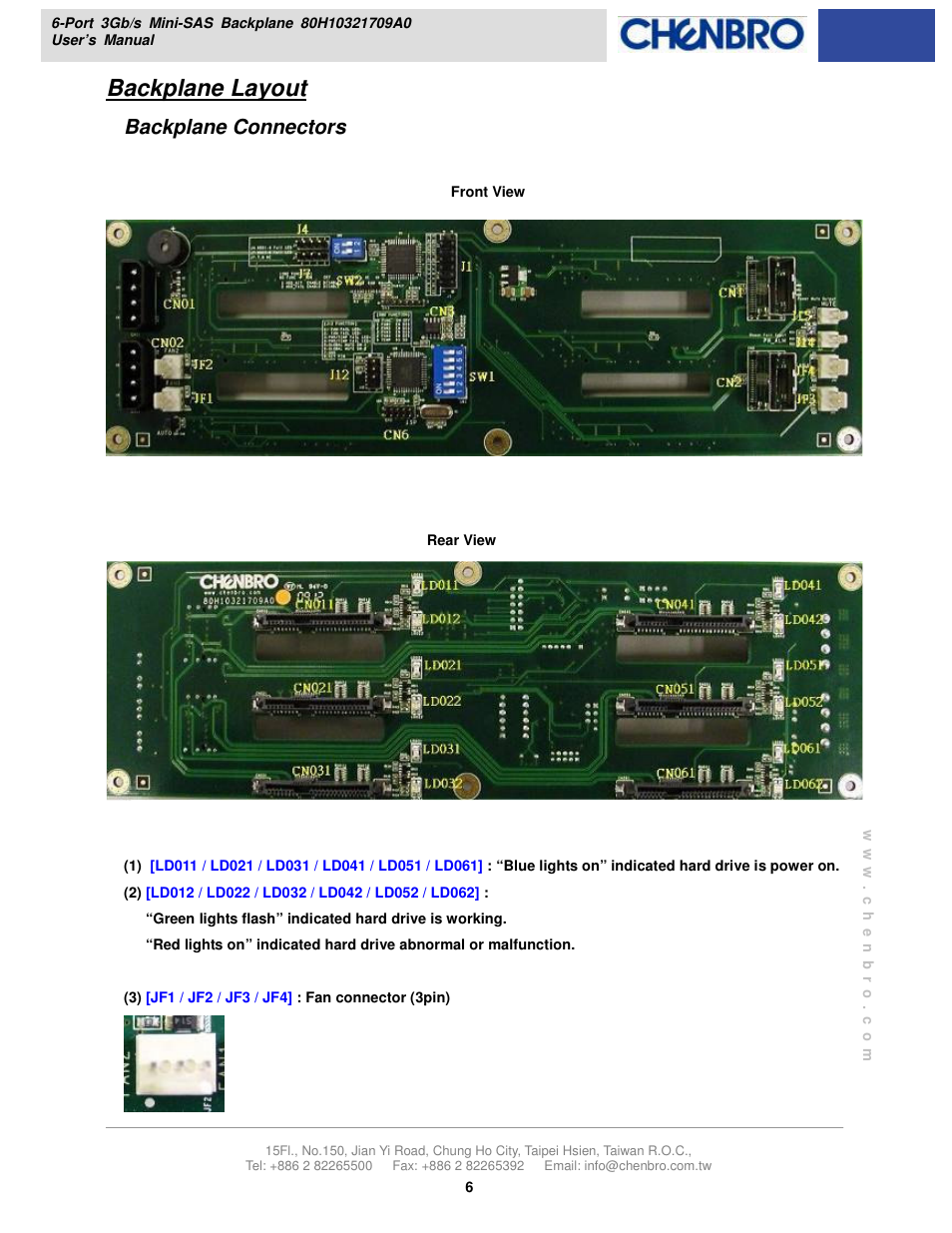 Backplane layout, Backplane connectors | Chenbro RM21706 3Gb/s 6-port 3.5 mini-SAS Backplane(80H10321709A0) - Manual User Manual | Page 6 / 10