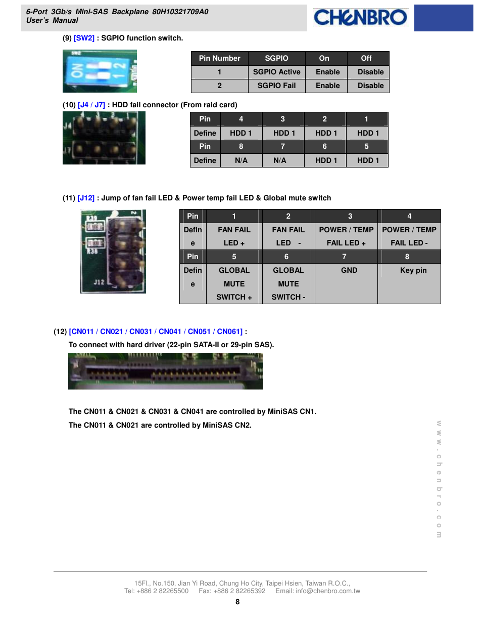 Chenbro RM21706 3Gb/s 6-port 3.5 mini-SAS Backplane(80H10321709A0) - Manual User Manual | Page 8 / 10
