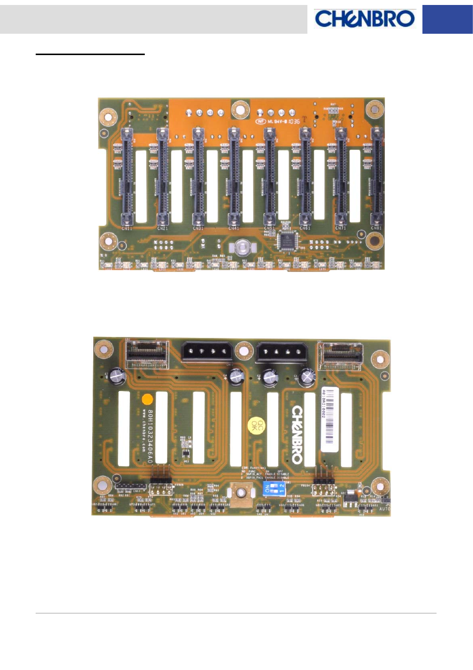 Backplane layout, Backplane connectors | Chenbro RM418 Series 6Gb/s 8-port 2.5 mini-SAS Backplane (80H10323406A0), Rev. A0 - Manual User Manual | Page 6 / 11
