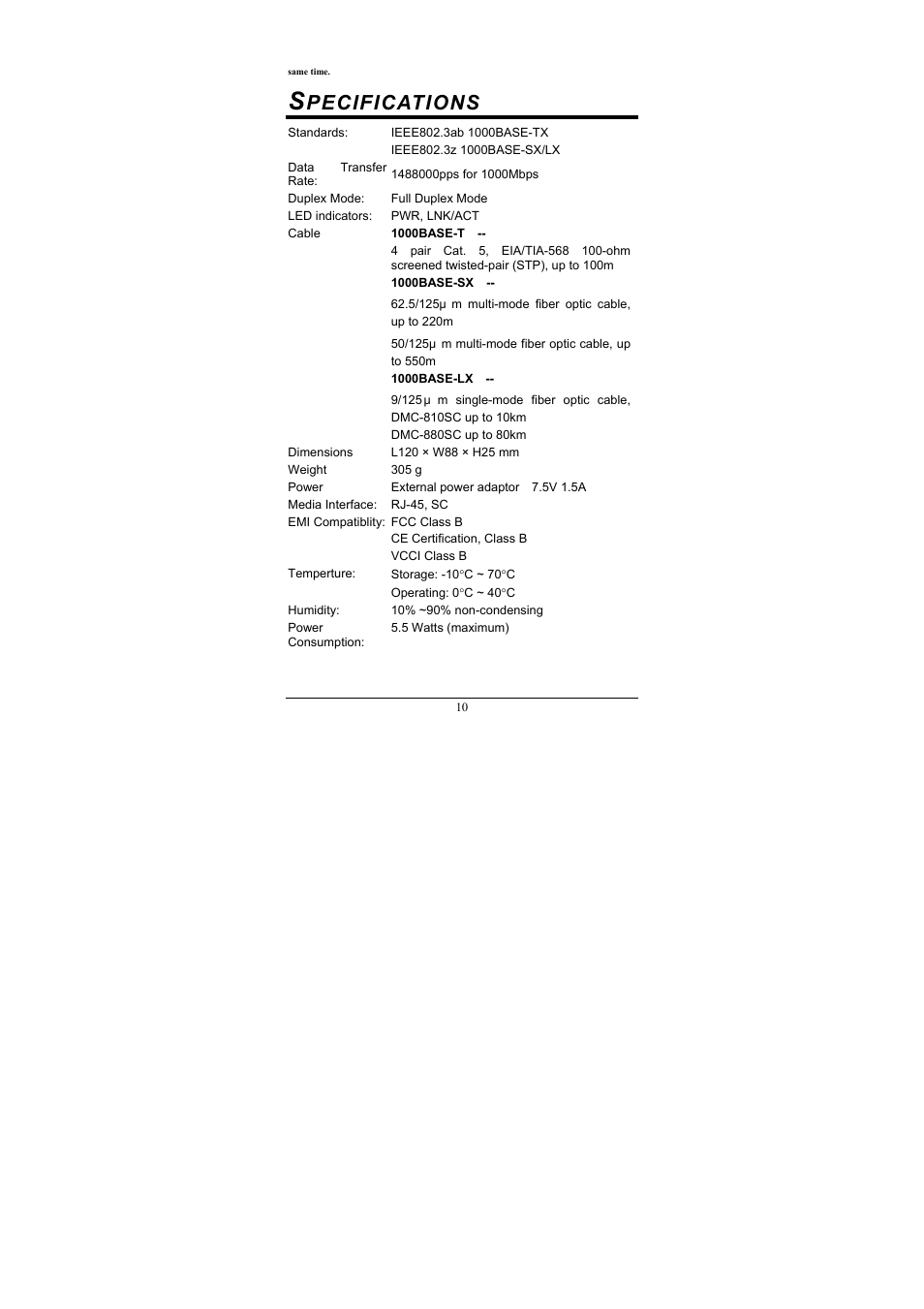 Pecifications | D-Link DMC-810SC User Manual | Page 10 / 10