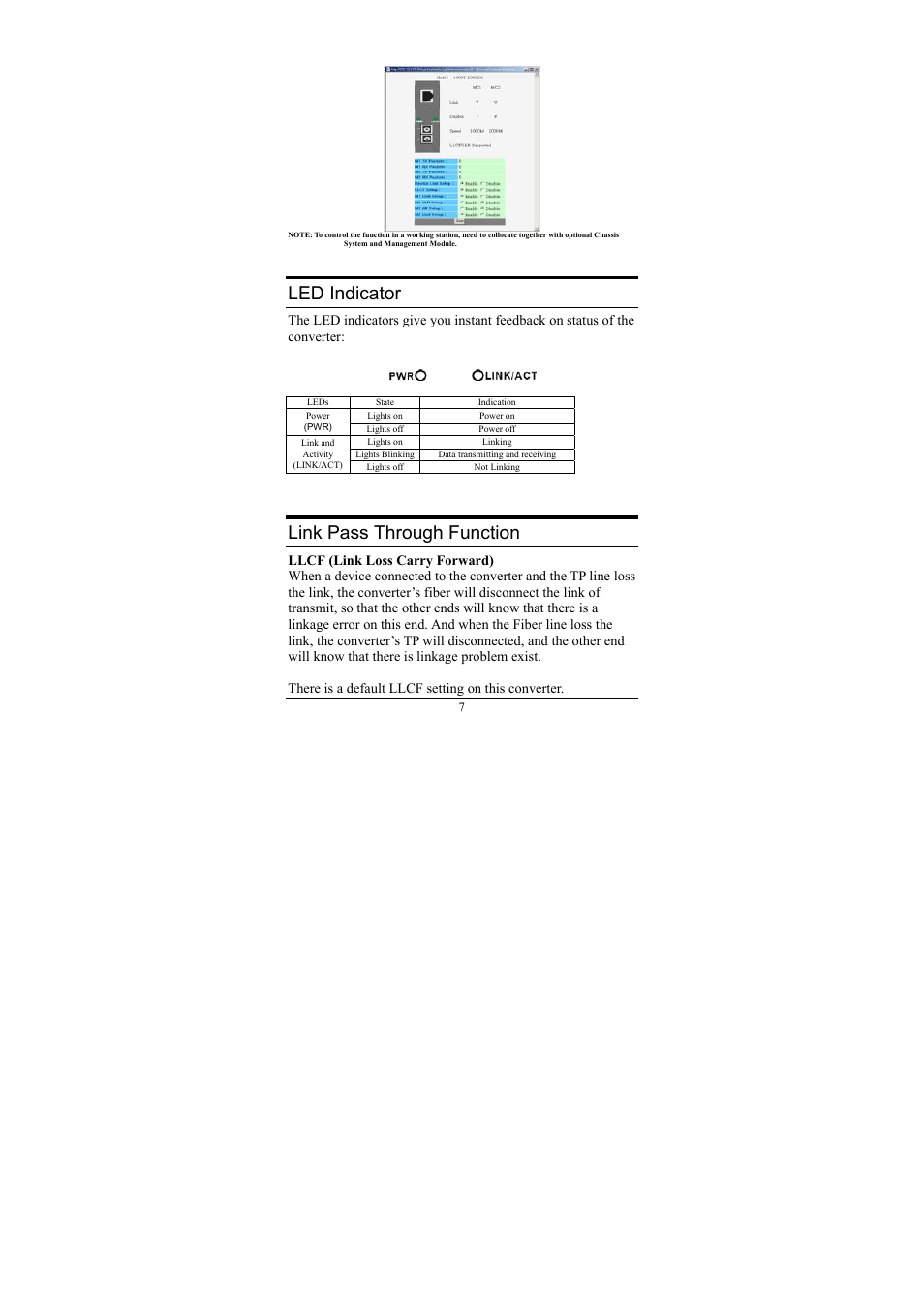 Led indicator, Link pass through function | D-Link DMC-810SC User Manual | Page 7 / 10