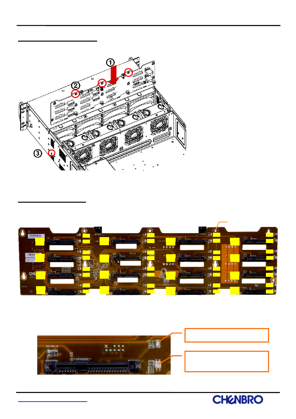 Backplane assembly, Backplane layout, Front view (hdd slot in) | Blue led on - hdd power on | Chenbro RM31616 6Gb/s 16-port 3.5 mini-SAS Expander Backplane(80H10331605A0) - Manual User Manual | Page 6 / 8
