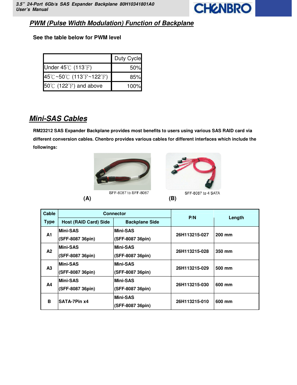 Mini-sas cables, Pwm (pulse width modulation) function of backplane | Chenbro RM418 Series 6Gb/s 24-port 3.5 Expander Backplane(80H10341801A0), For 24-bay 3.5 Hot-swap HDD Cage - Manual User Manual | Page 15 / 18