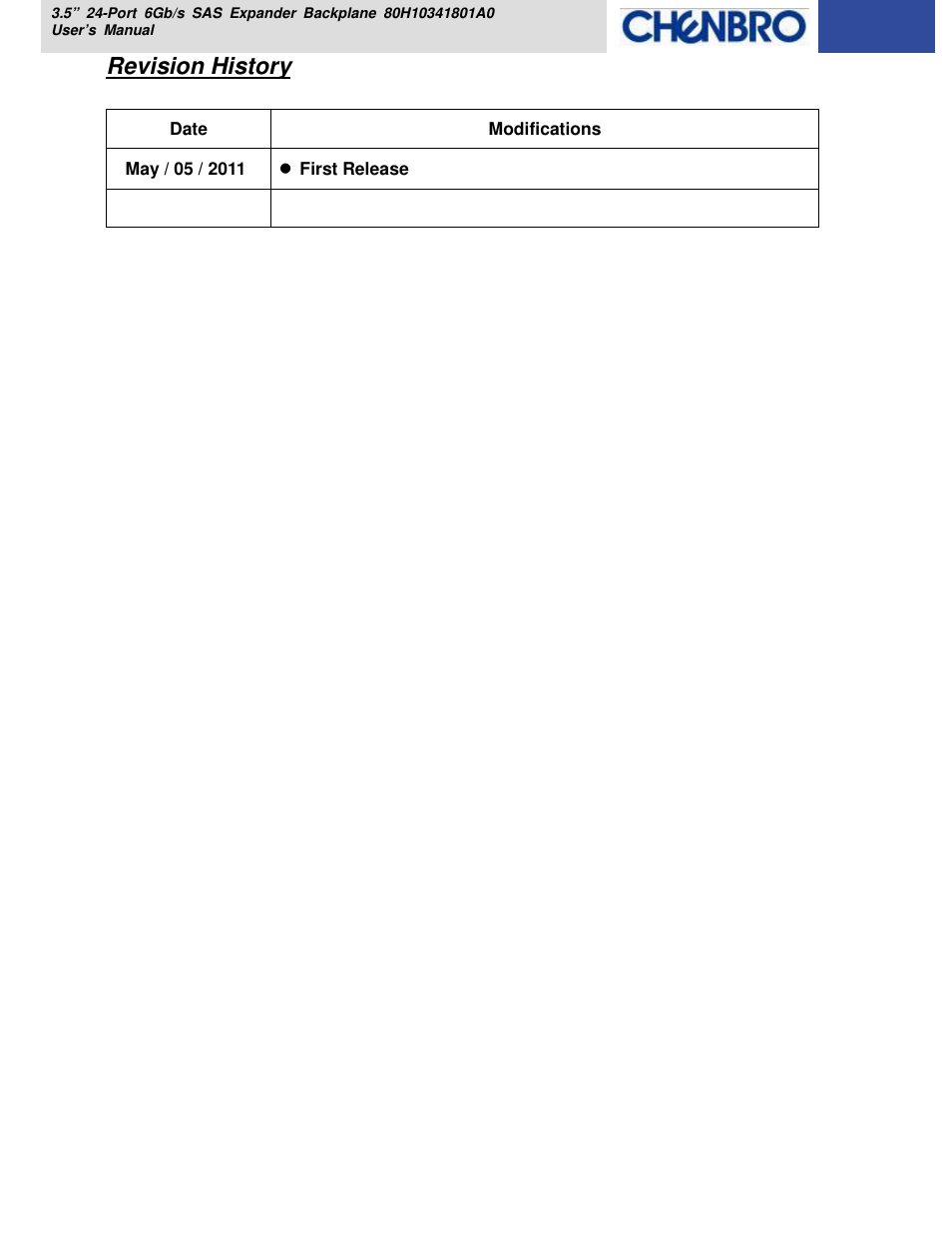Revision history | Chenbro RM418 Series 6Gb/s 24-port 3.5 Expander Backplane(80H10341801A0), For 24-bay 3.5 Hot-swap HDD Cage - Manual User Manual | Page 3 / 18