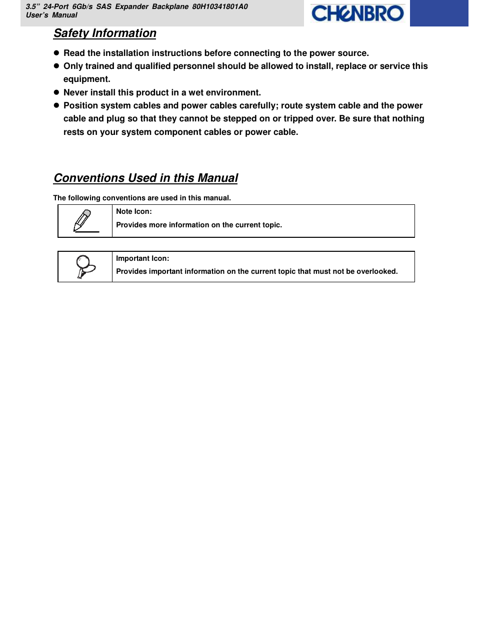 Safety information, Conventions used in this manual | Chenbro RM418 Series 6Gb/s 24-port 3.5 Expander Backplane(80H10341801A0), For 24-bay 3.5 Hot-swap HDD Cage - Manual User Manual | Page 4 / 18