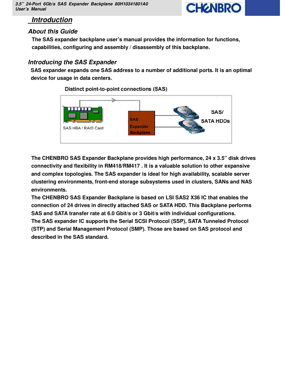 Introduction | Chenbro RM418 Series 6Gb/s 24-port 3.5 Expander Backplane(80H10341801A0), For 24-bay 3.5 Hot-swap HDD Cage - Manual User Manual | Page 5 / 18