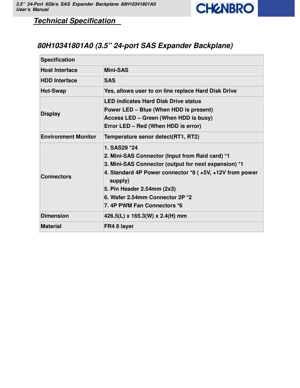 Technical specification | Chenbro RM418 Series 6Gb/s 24-port 3.5 Expander Backplane(80H10341801A0), For 24-bay 3.5 Hot-swap HDD Cage - Manual User Manual | Page 7 / 18