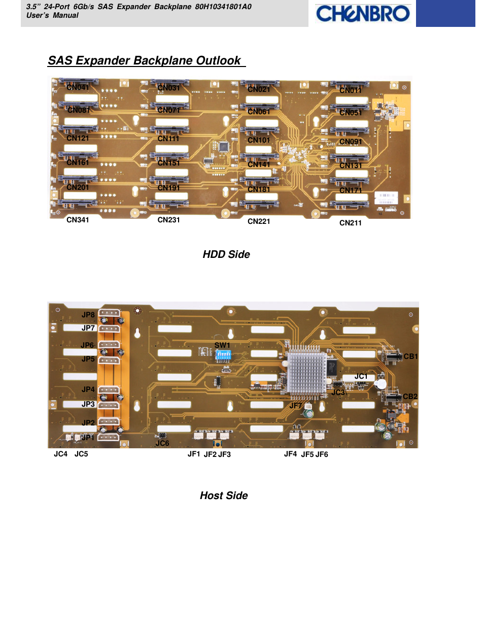 Sas expander backplane outlook, Hdd side, Host side | Chenbro RM418 Series 6Gb/s 24-port 3.5 Expander Backplane(80H10341801A0), For 24-bay 3.5 Hot-swap HDD Cage - Manual User Manual | Page 9 / 18