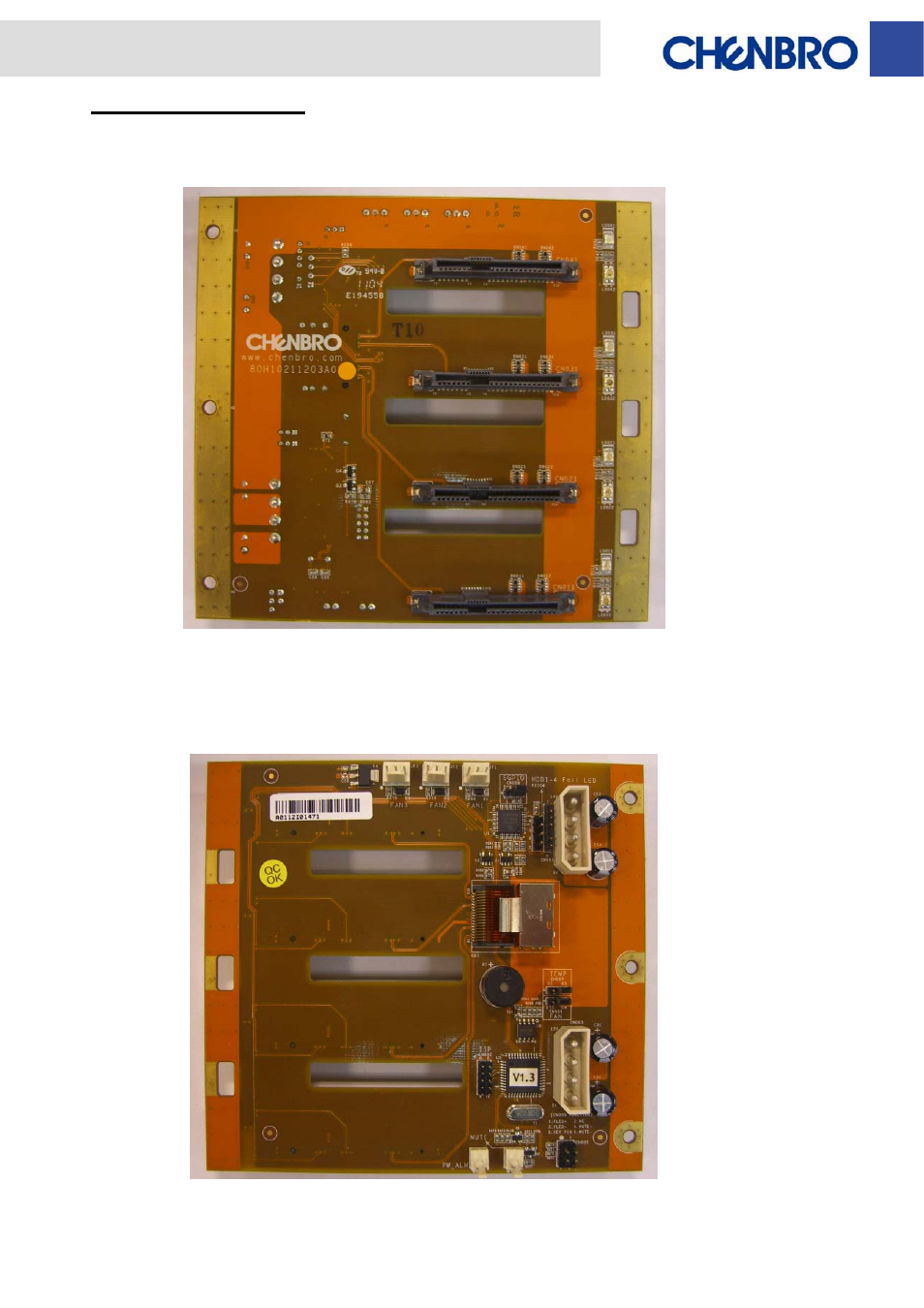 Backplane photos front view, Rear view | Chenbro SR112 Series 6Gb/s 4-port mini-SAS Backplane(80H10211203A0), for 4-Bay 3.5 Hot-swap Kit - Manual User Manual | Page 6 / 11