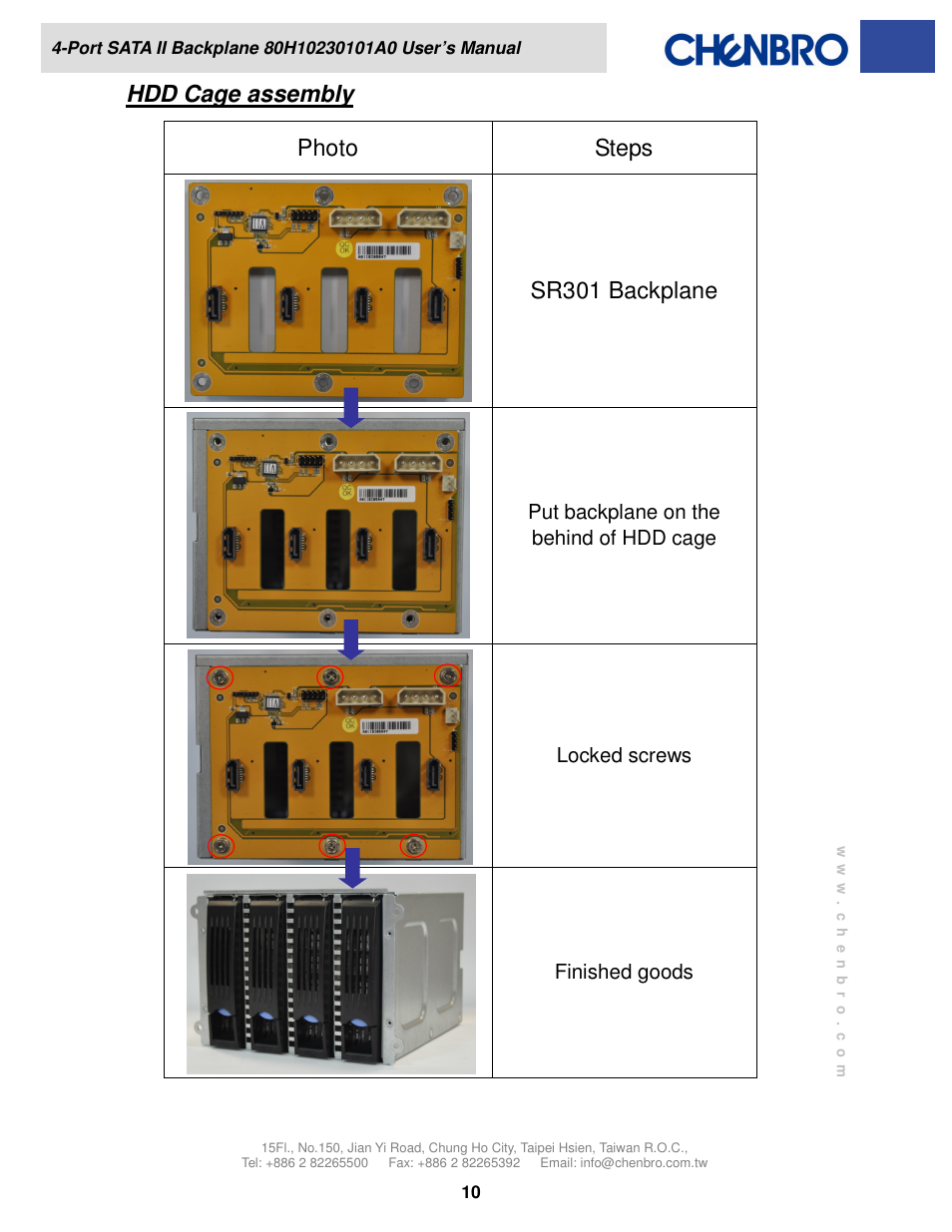 Hdd cage assembly photo steps sr301 backplane | Chenbro SR301 Series 6Gb/s 4-port 3.5 SATA/SAS Backplane(80H10230101A0) Rev.A0 - Manual User Manual | Page 10 / 11