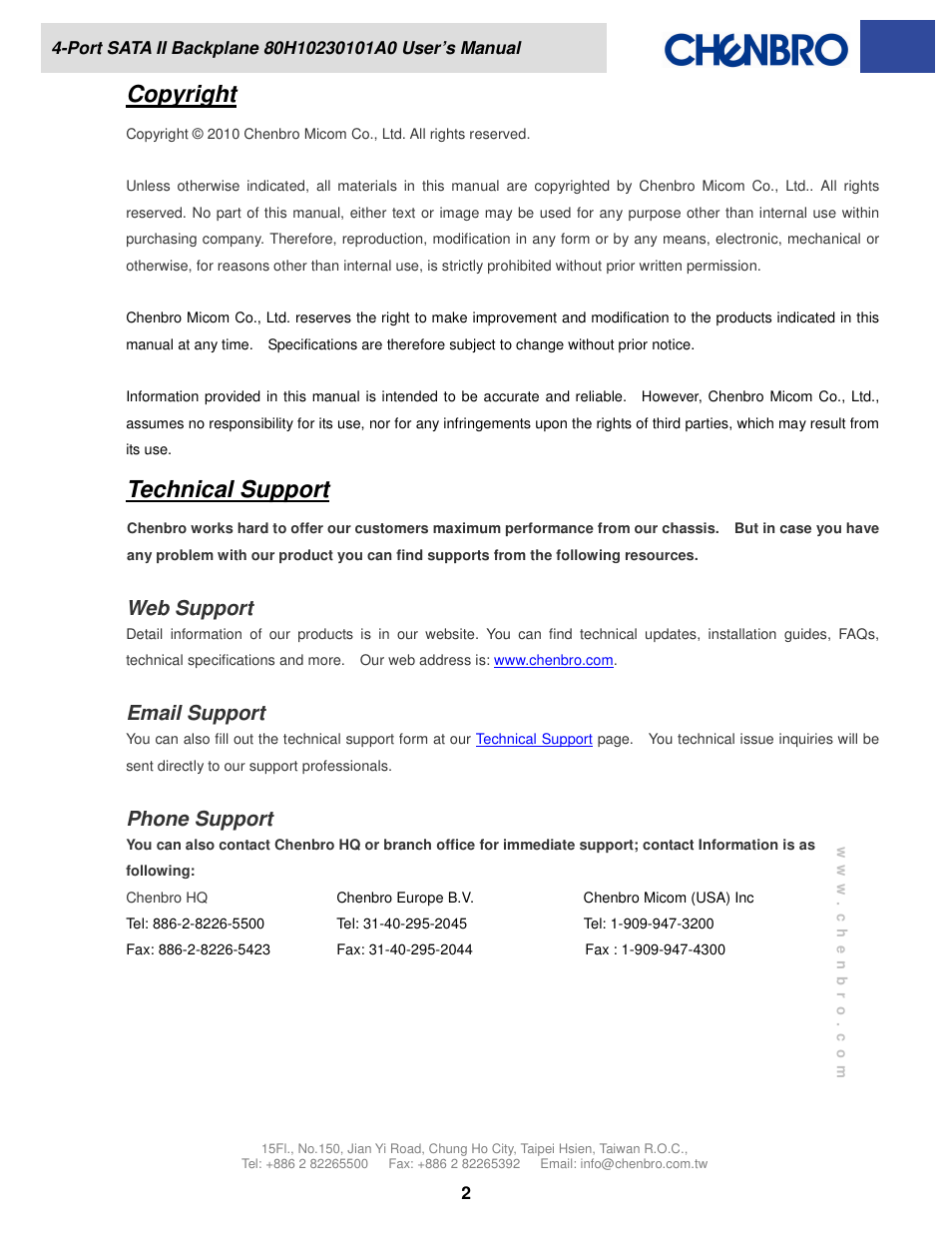 Copyright, Technical support, Web support | Email support, Phone support | Chenbro SR301 Series 6Gb/s 4-port 3.5 SATA/SAS Backplane(80H10230101A0) Rev.A0 - Manual User Manual | Page 2 / 11