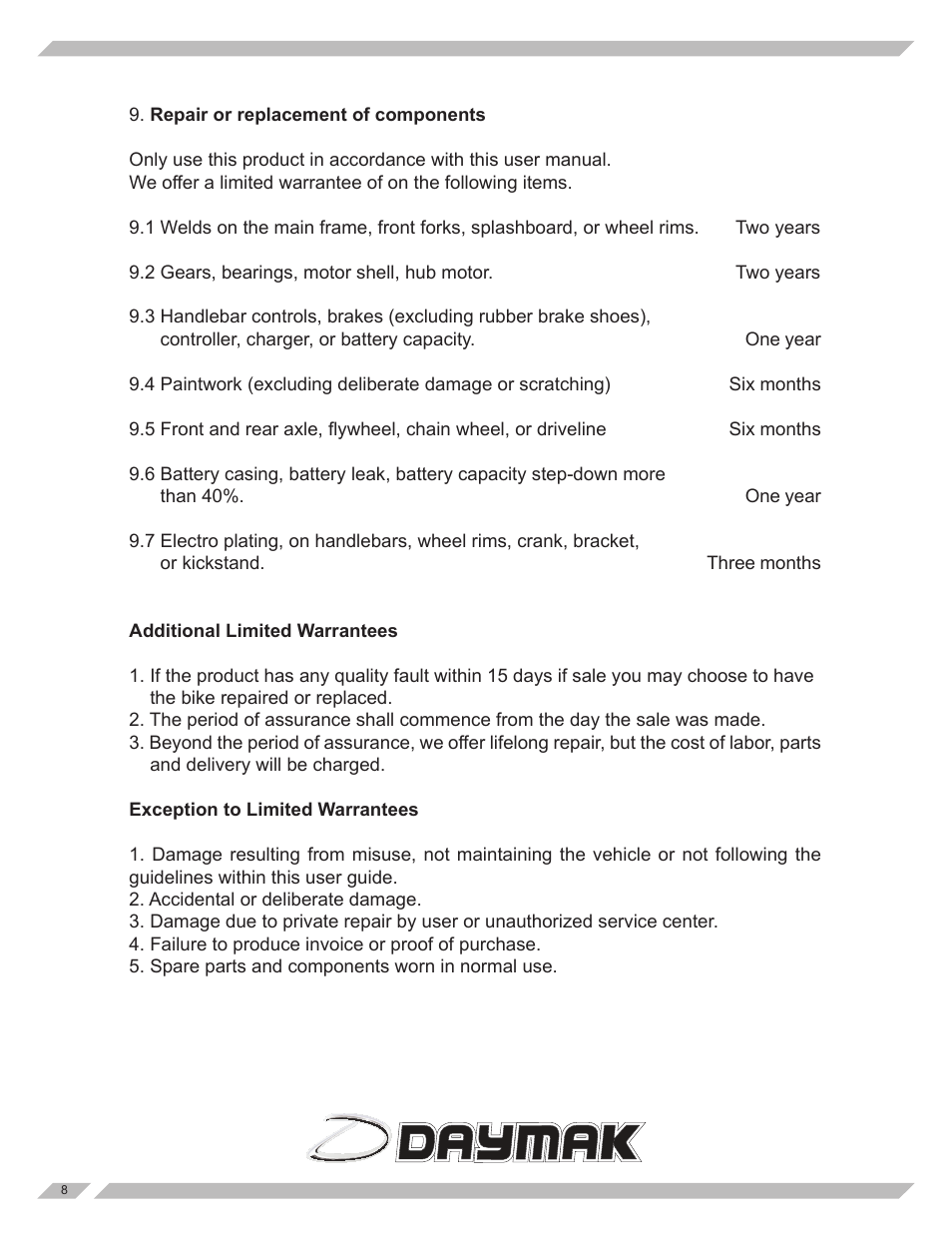 Daymak Vermont 24V User Manual | Page 8 / 8