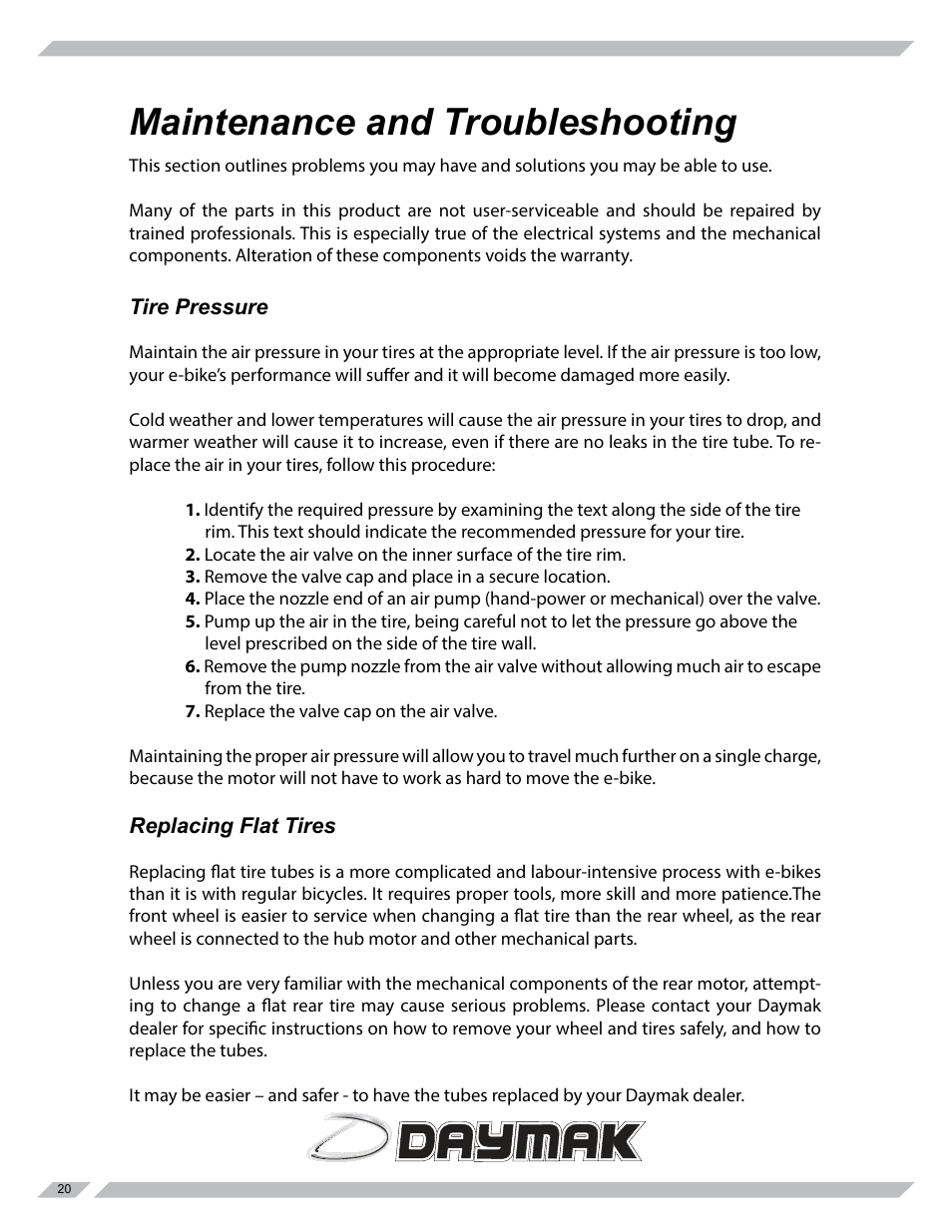 Maintenance and troubleshooting | Daymak Rome Lithium User Manual | Page 20 / 27