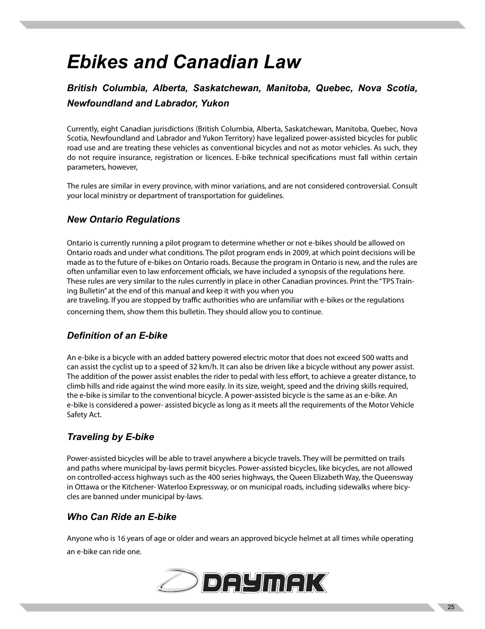 Ebikes and canadian law | Daymak Rome Lithium User Manual | Page 25 / 27