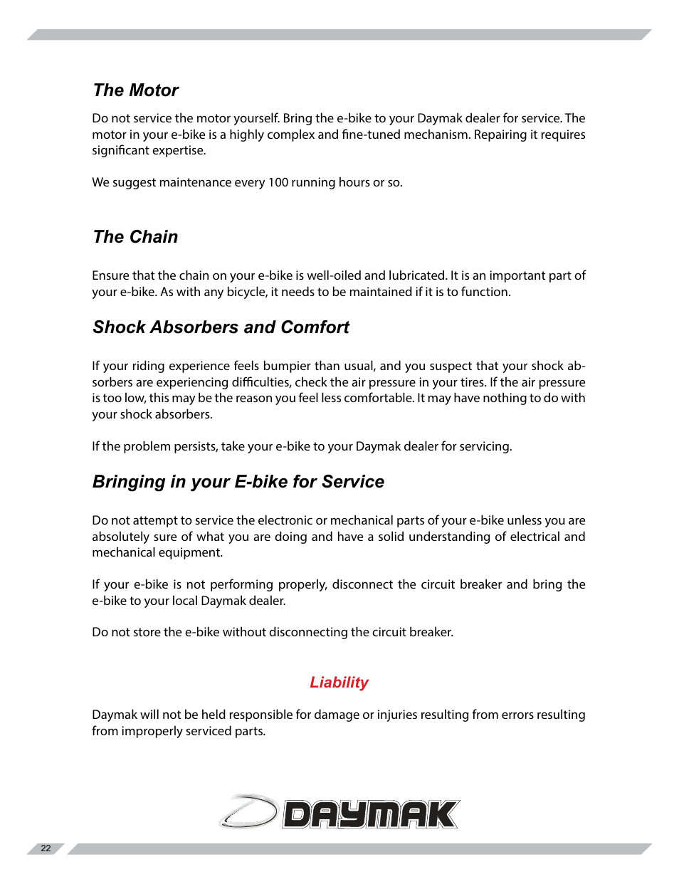 The motor, The chain, Shock absorbers and comfort | Bringing in your e-bike for service | Daymak Utility Deluxe User Manual | Page 22 / 27