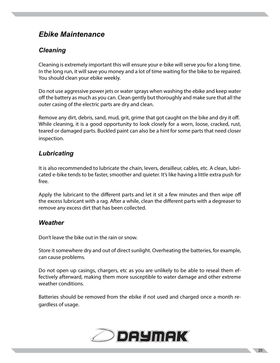 Ebike maintenance | Daymak Utility Deluxe User Manual | Page 23 / 27