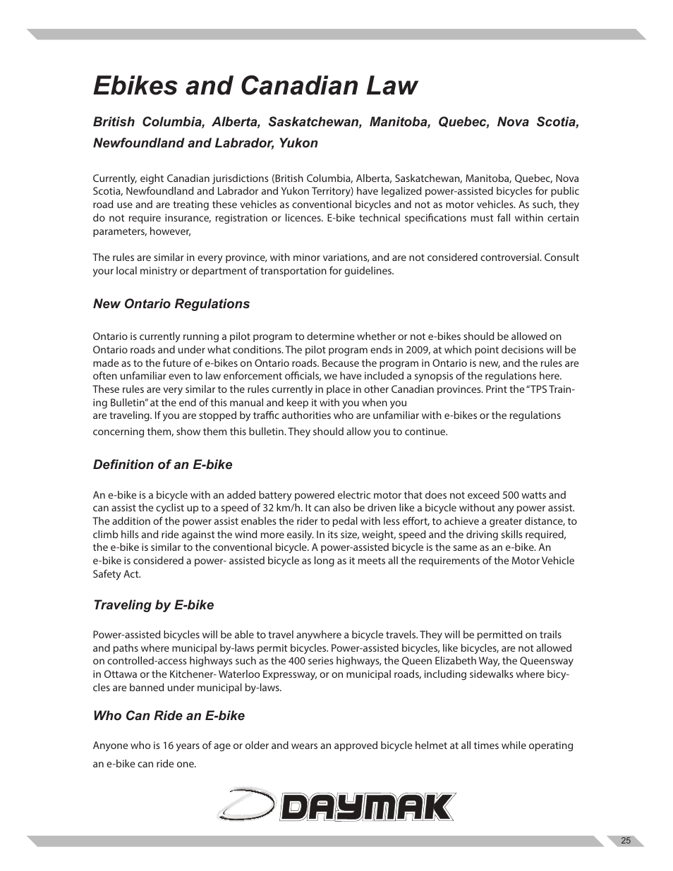 Ebikes and canadian law | Daymak Indianapolis User Manual | Page 25 / 27