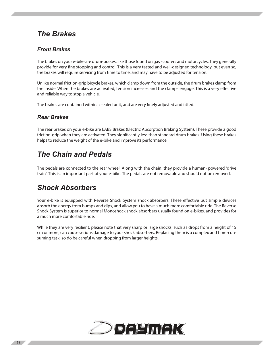 The brakes, The chain and pedals, Shock absorbers | Daymak Daytona User Manual | Page 18 / 27