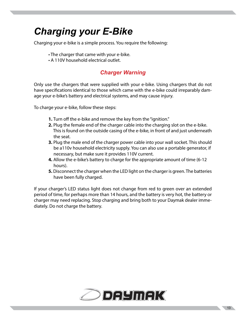Charging your e-bike | Daymak Amalfi 84V User Manual | Page 13 / 27