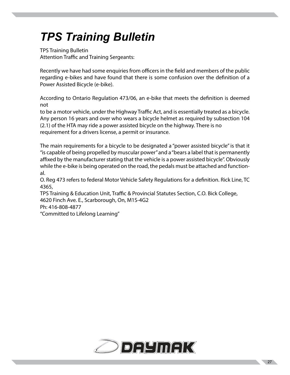 Tps training bulletin | Daymak Amalfi 84V User Manual | Page 27 / 27