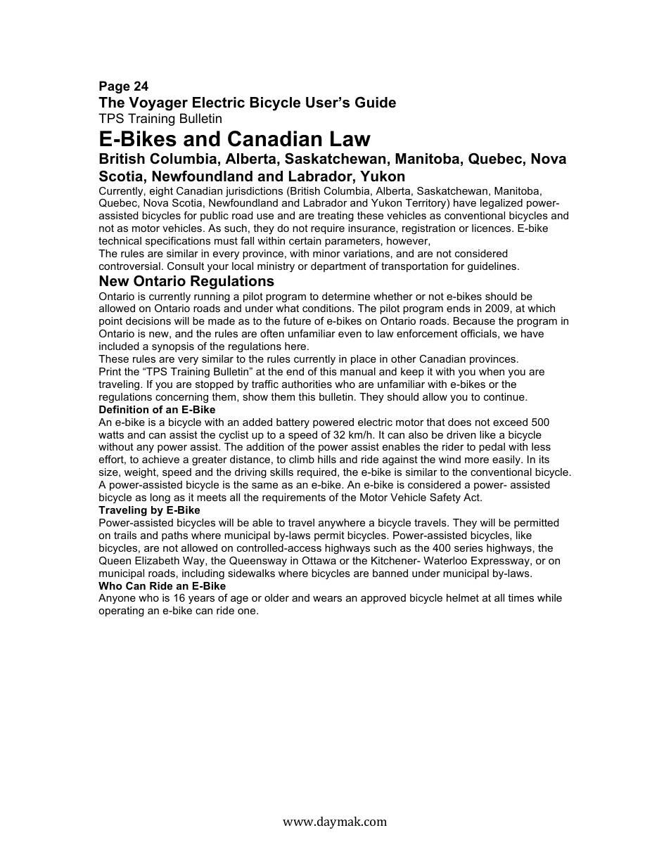 E-bikes and canadian law | Daymak Voyager User Manual | Page 23 / 25