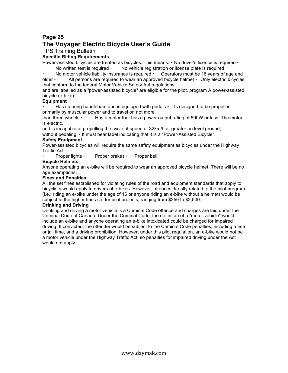 The voyager electric bicycle user’s guide | Daymak Voyager User Manual | Page 24 / 25