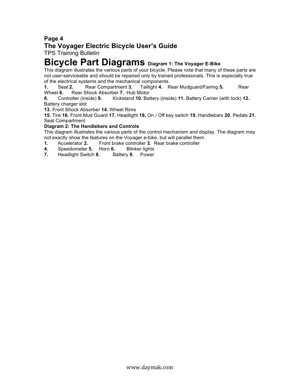 Bicycle part diagrams, The voyager electric bicycle user’s guide | Daymak Voyager User Manual | Page 4 / 25