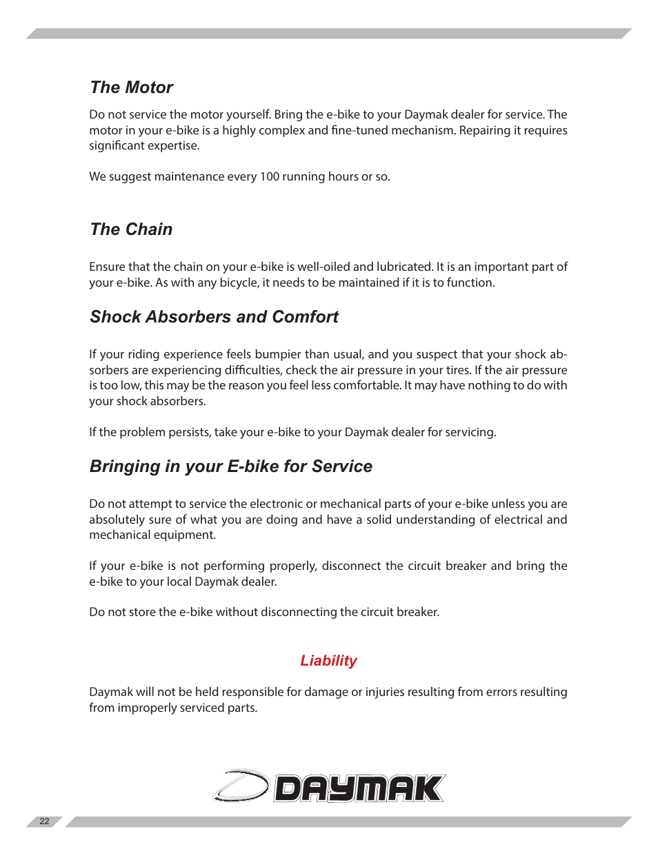 The motor, The chain, Shock absorbers and comfort | Bringing in your e-bike for service | Daymak Tokyo User Manual | Page 22 / 27