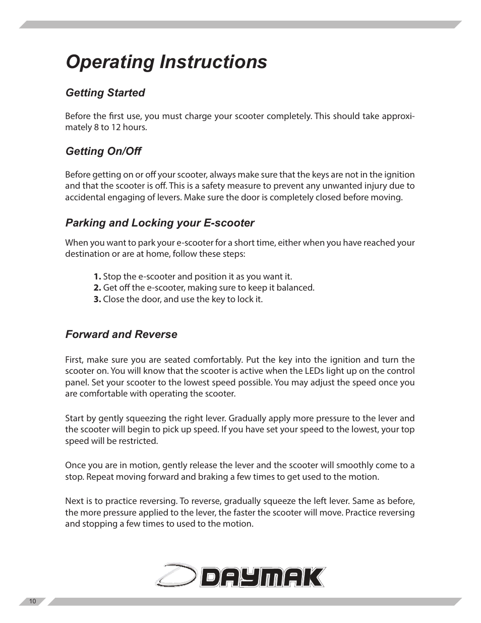Operating instructions | Daymak Boomerbuggy Covered User Manual | Page 10 / 20