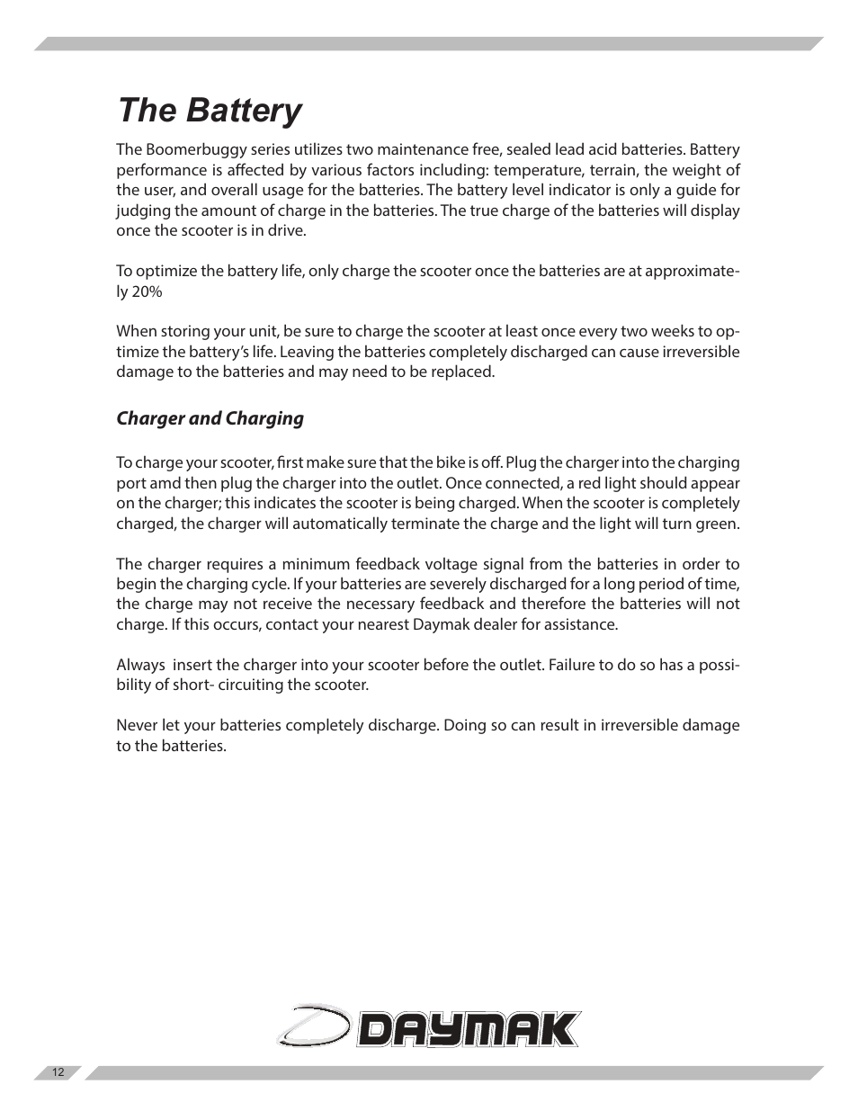 The battery | Daymak Boomerbuggy Covered User Manual | Page 12 / 20