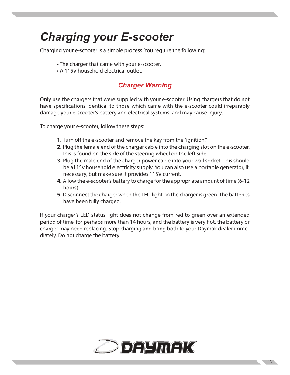Charging your e-scooter | Daymak Boomerbuggy Covered User Manual | Page 13 / 20