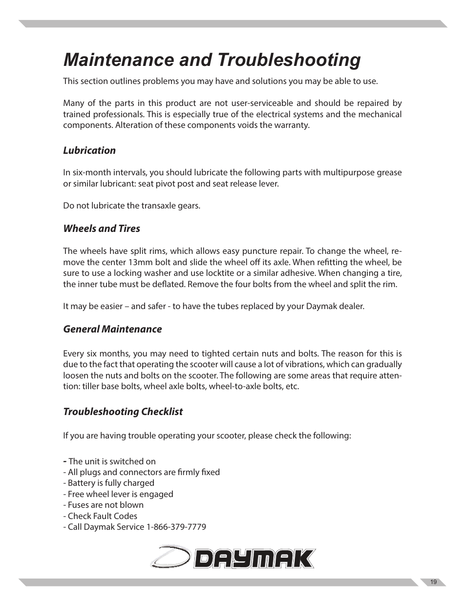 Maintenance and troubleshooting | Daymak Boomerbuggy Covered User Manual | Page 19 / 20