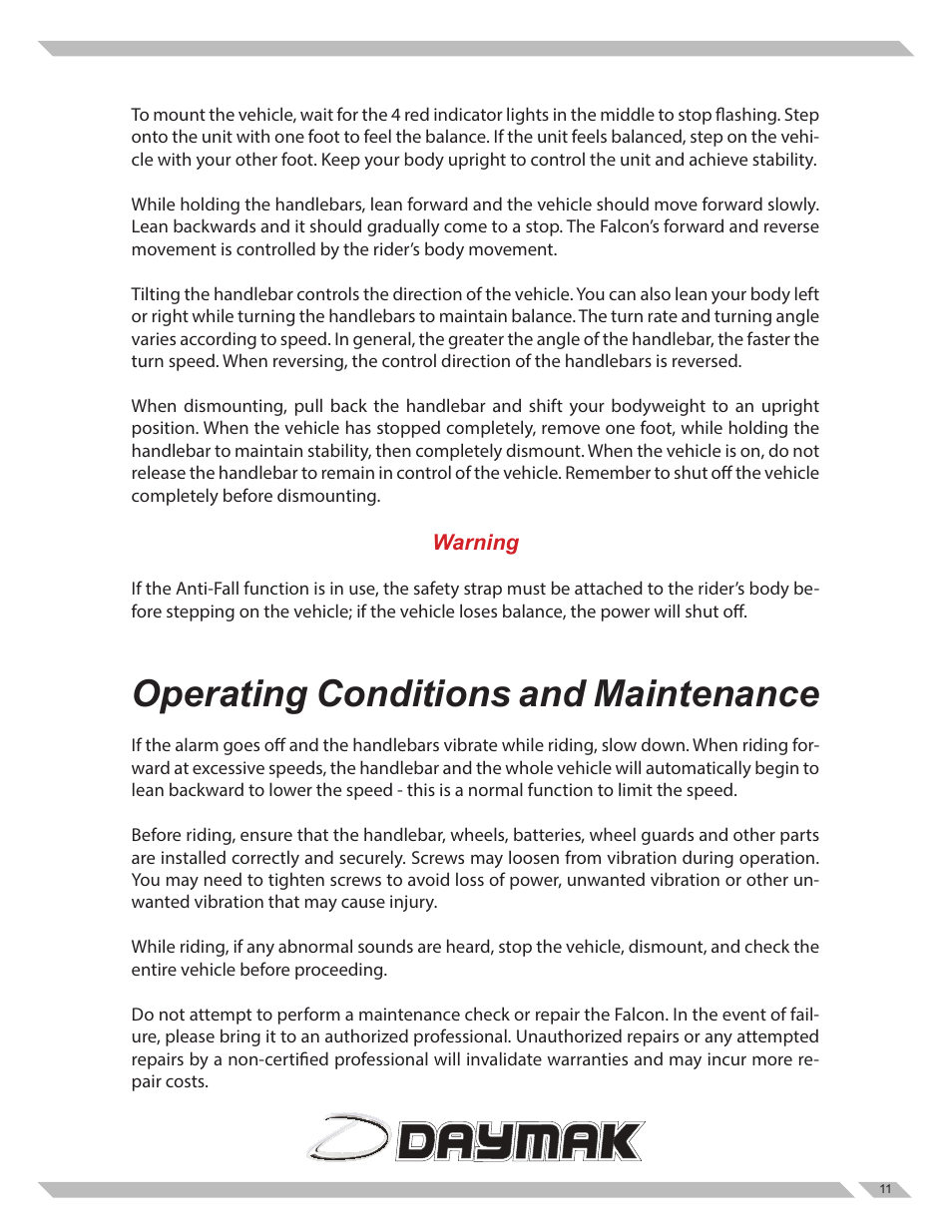 Operating conditions and maintenance | Daymak Boomerbuggy Falcon User Manual | Page 11 / 14