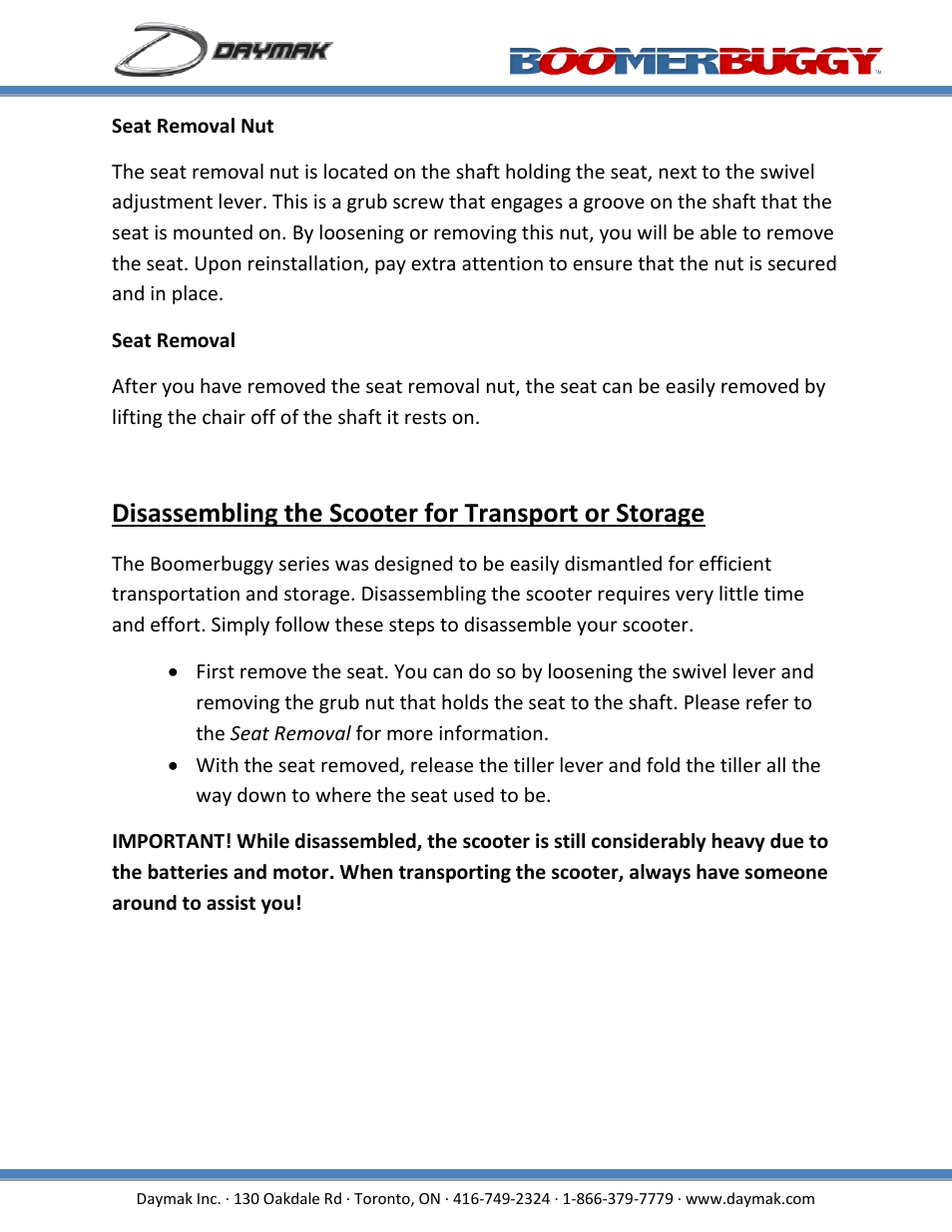 Disassembling the scooter for transport or storage | Daymak Boomerbuggy IV User Manual | Page 17 / 22