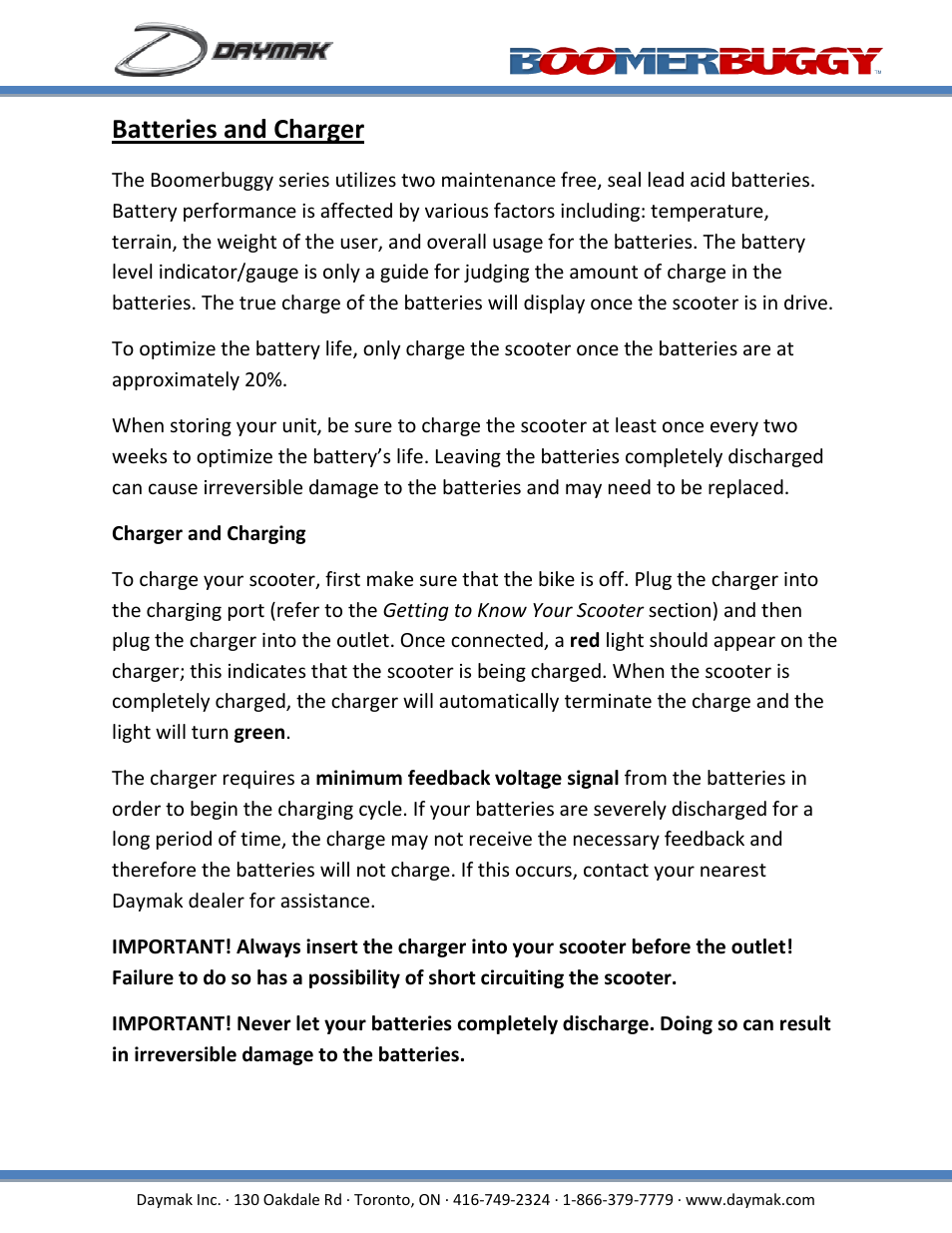 Batteries and charger | Daymak Boomerbuggy IV User Manual | Page 18 / 22