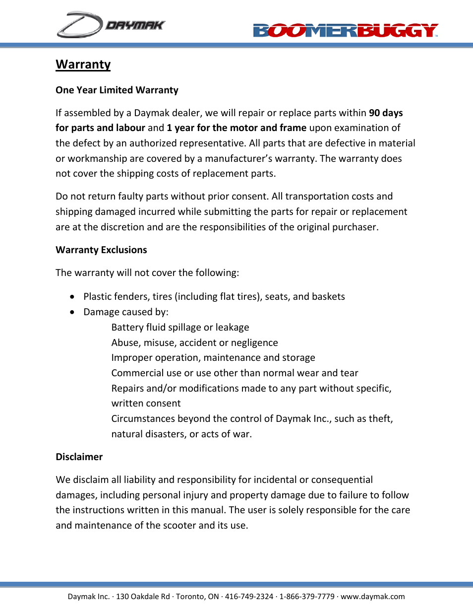 Warranty | Daymak Boomerbuggy IV User Manual | Page 22 / 22