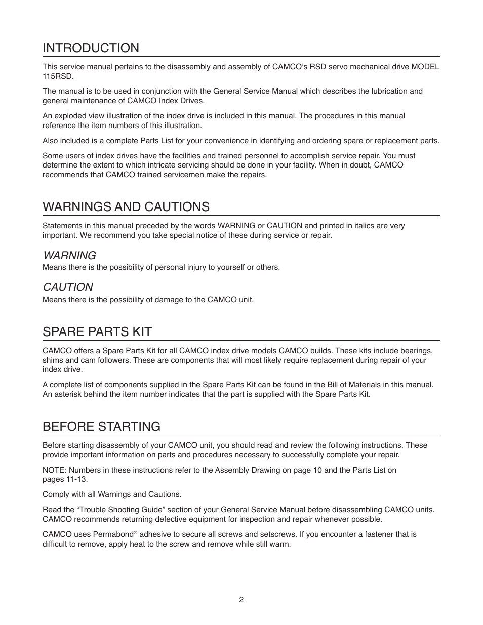 Introduction, Warnings and cautions, Spare parts kit | Before starting, Warning, Caution | DE-STA-CO 115RSD User Manual | Page 3 / 16