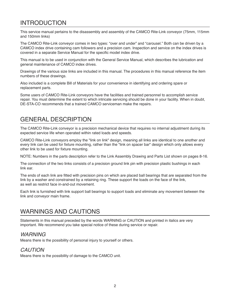 Introduction, General description, Warnings and cautions | Warning, Caution | DE-STA-CO Rite-Link Conveyors 75mm, 115mm and 150mm LINKS User Manual | Page 3 / 20