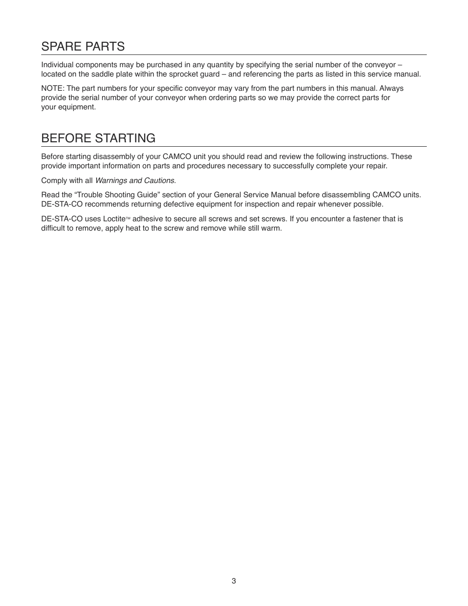 Spare parts, Before starting | DE-STA-CO Rite-Link Conveyors 75mm, 115mm and 150mm LINKS User Manual | Page 4 / 20
